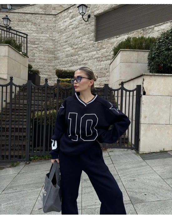 V Yaka Üç İplik Sweat Takım - Siyah -