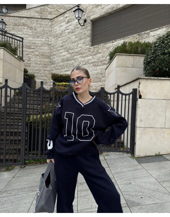 V Yaka Üç İplik Sweat Takım - Siyah -