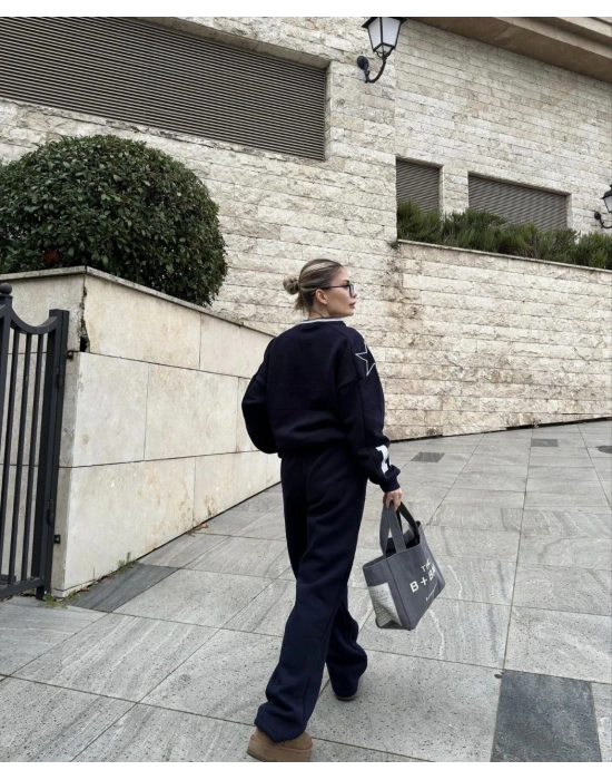 V Yaka Üç İplik Sweat Takım - Siyah -