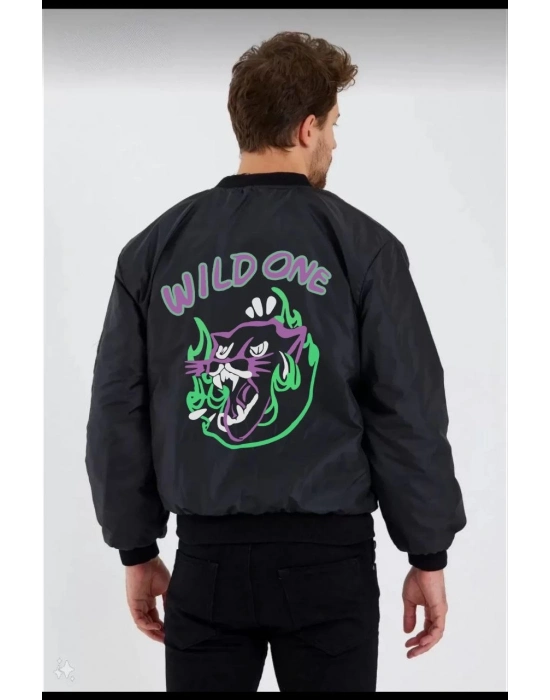 Wild One Baskılı   Bomber Mont – Panter Desenli, Fermuarlı, Kapitone Astarlı Ceket - Siyah -
