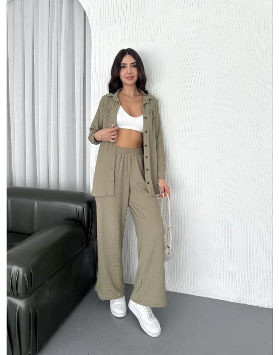 Yakalı Düğmeli Uzun Kollu Gömlek Pantolon ikili Takım - Bej -