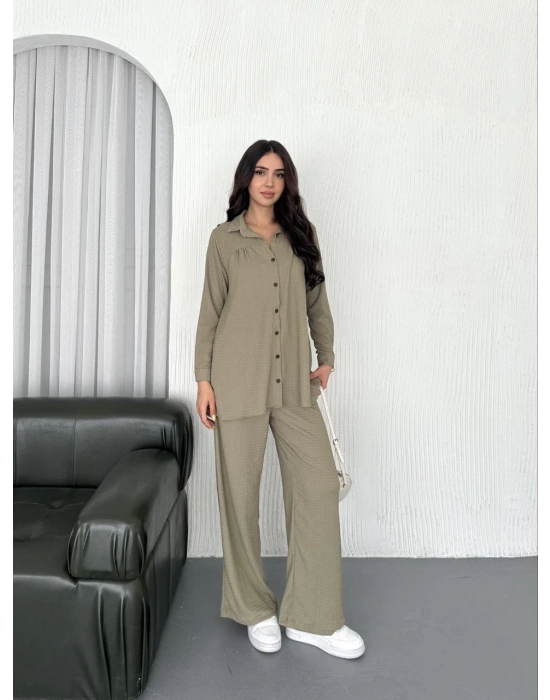 Yakalı Düğmeli Uzun Kollu Gömlek Pantolon ikili Takım - Bej -