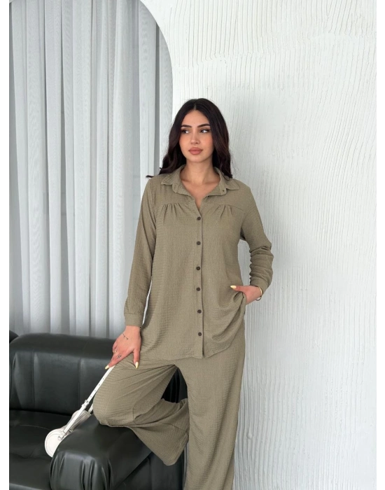 Yakalı Düğmeli Uzun Kollu Gömlek Pantolon ikili Takım - Bej -