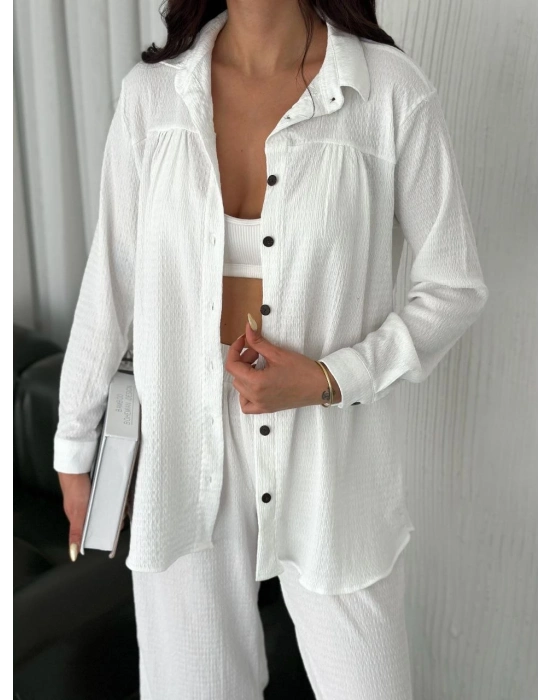 Yakalı Düğmeli Uzun Kollu Gömlek Pantolon ikili Takım - Beyaz -