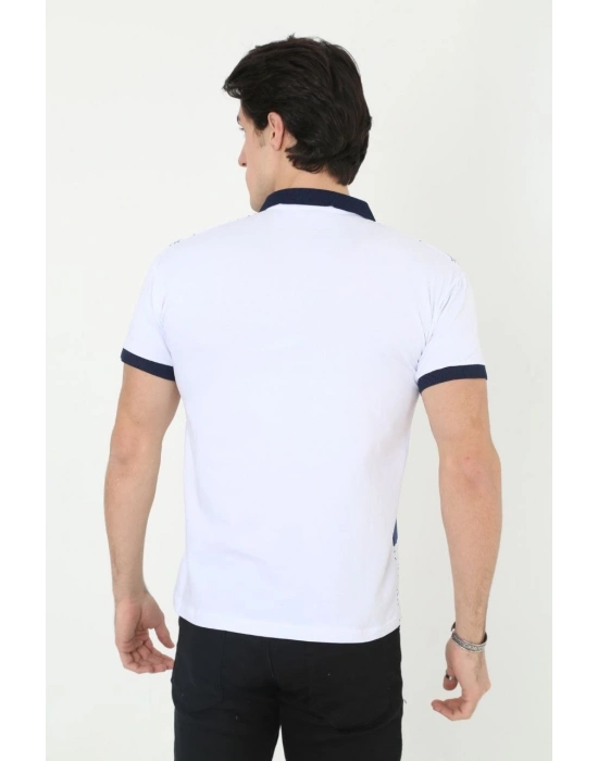 Yakalı Slim Fit Baskılı T-Shirt - Beyaz -