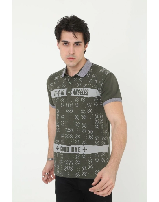 Yakalı Slim Fit Baskılı T-Shirt - Haki -