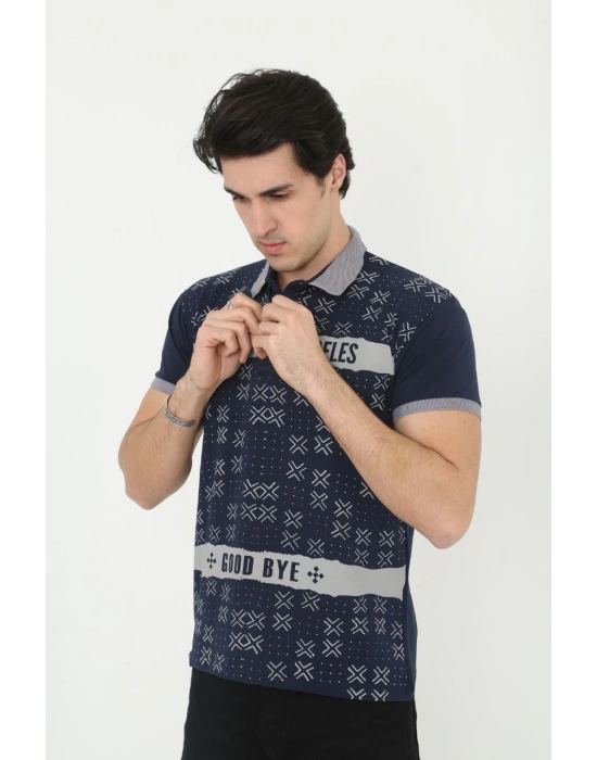 Yakalı Slim Fit Baskılı T-Shirt - Lacivert -