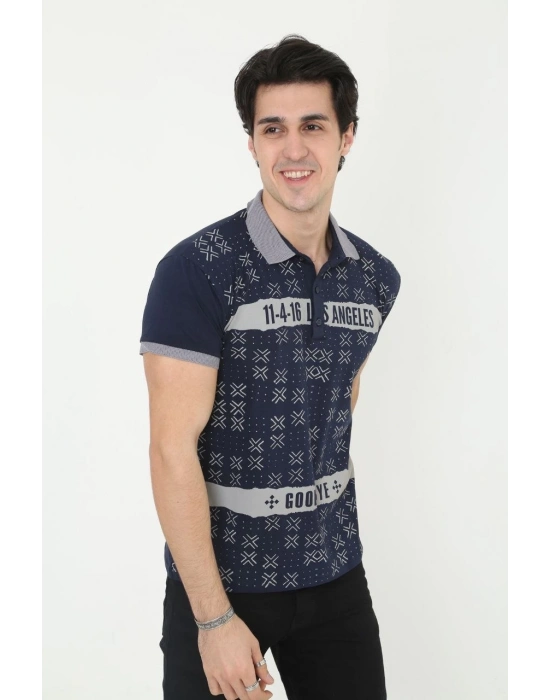 Yakalı Slim Fit Baskılı T-Shirt - Lacivert -