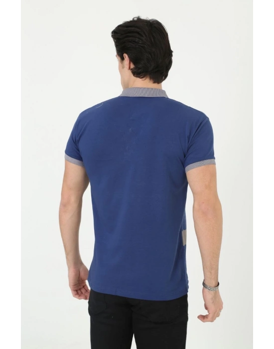 Yakalı Slim Fit Baskılı T-Shirt - Mavi -
