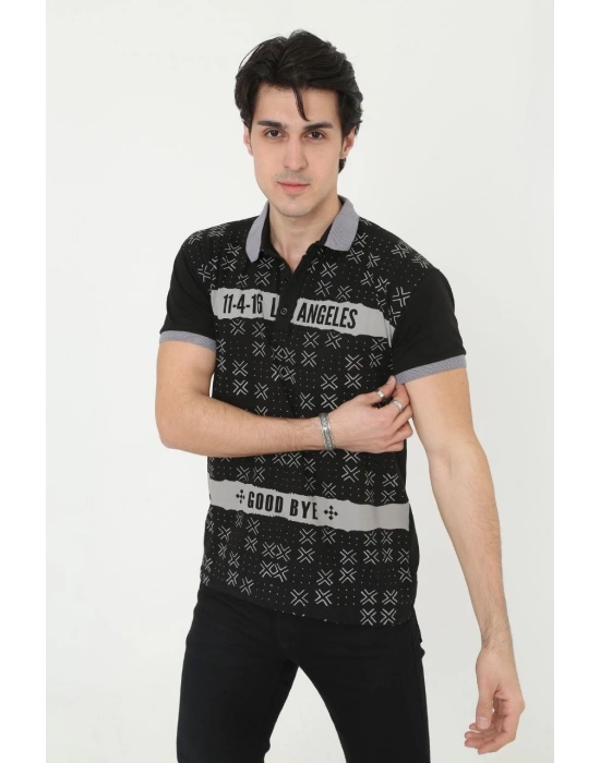 Yakalı Slim Fit Baskılı T-Shirt - Siyah -