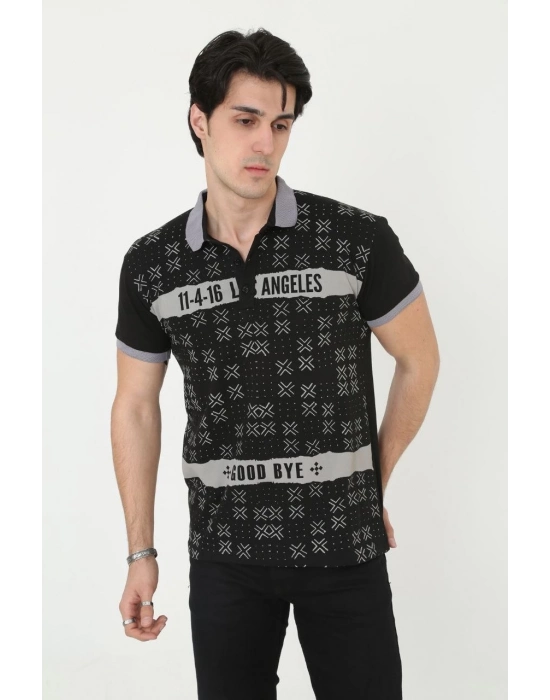 Yakalı Slim Fit Baskılı T-Shirt - Siyah -