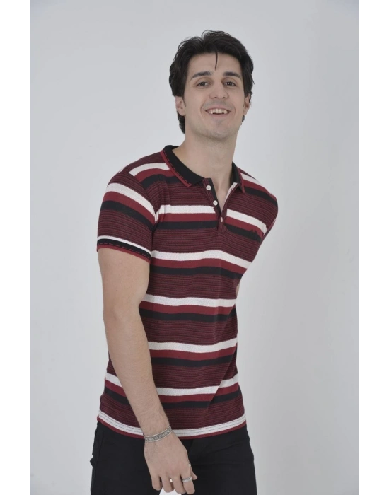 Yakalı Slim Fit Dokuma Çizgili T-Shirt - Bordo -