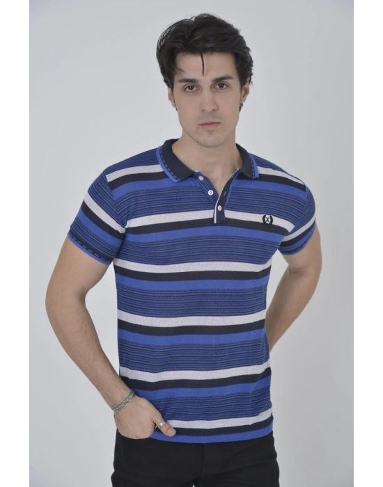 Yakalı Slim Fit Dokuma Çizgili T-Shirt - Mavi -