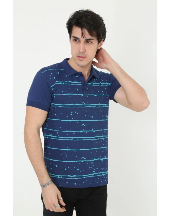 Yakalı Slim Fit Pike Çizgili T-Shirt - Mavi -