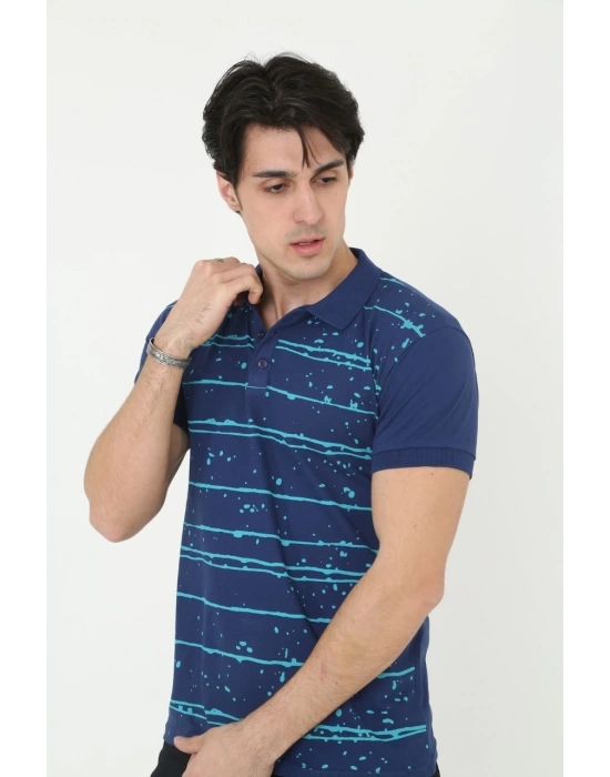 Yakalı Slim Fit Pike Çizgili T-Shirt - Mavi -