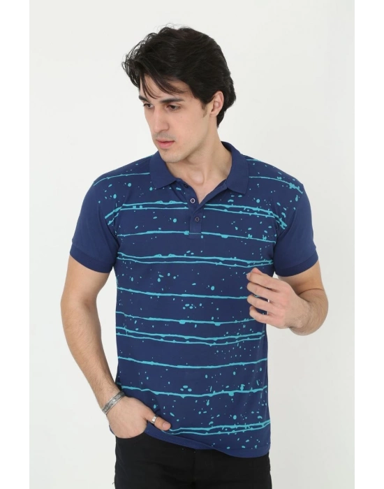 Yakalı Slim Fit Pike Çizgili T-Shirt - Mavi -