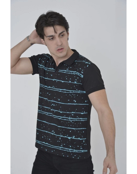 Yakalı Slim Fit Pike Çizgili T-Shirt - Siyah -