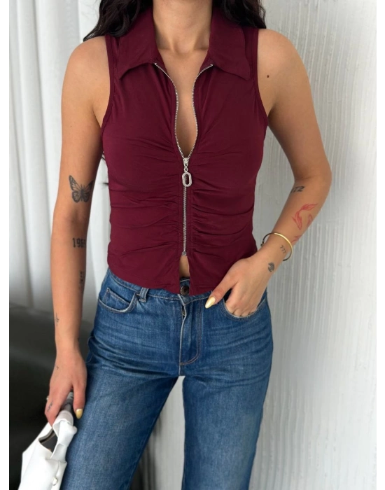 Yakalı Tam Fermuarlı Kolsuz Bluz - Bordo -