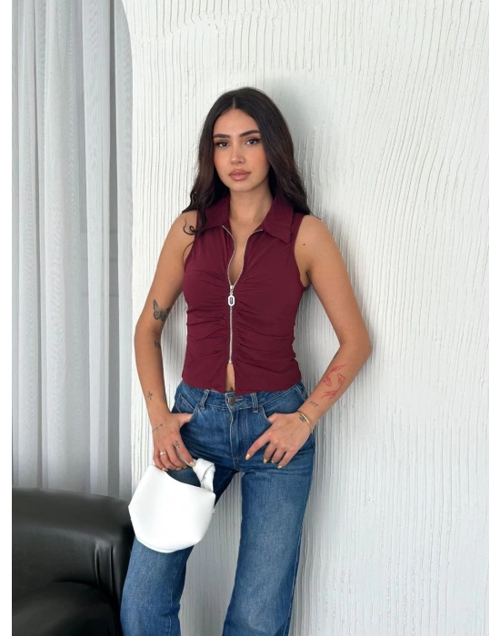 Yakalı Tam Fermuarlı Kolsuz Bluz - Bordo -