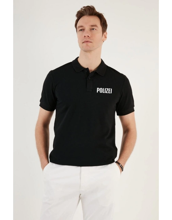 Yakası Düğmeli Yakalı Pike Baskılı T-Shirt - Siyah -