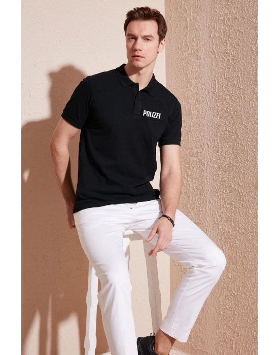 Yakası Düğmeli Yakalı Pike Baskılı T-Shirt - Siyah -