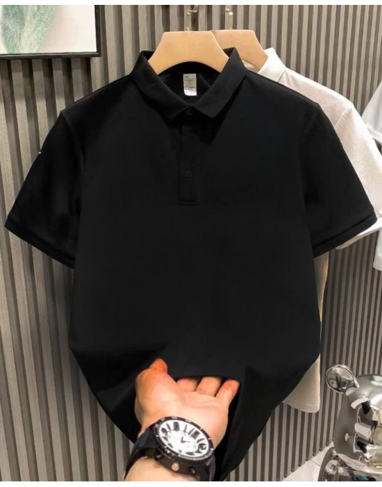 Yakası Düğmeli Yakalı Pike Düz T-Shirt - Siyah -