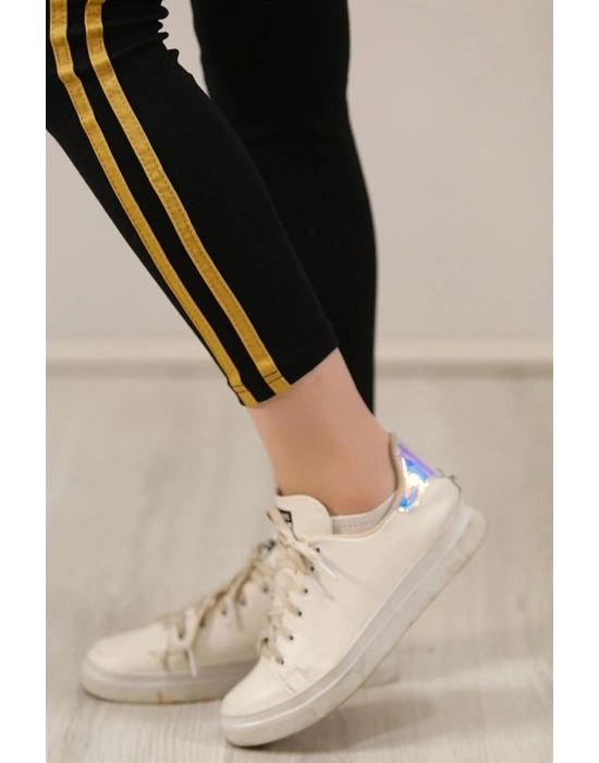 Yanı Sarı Şeritli Tayt - Siyah -