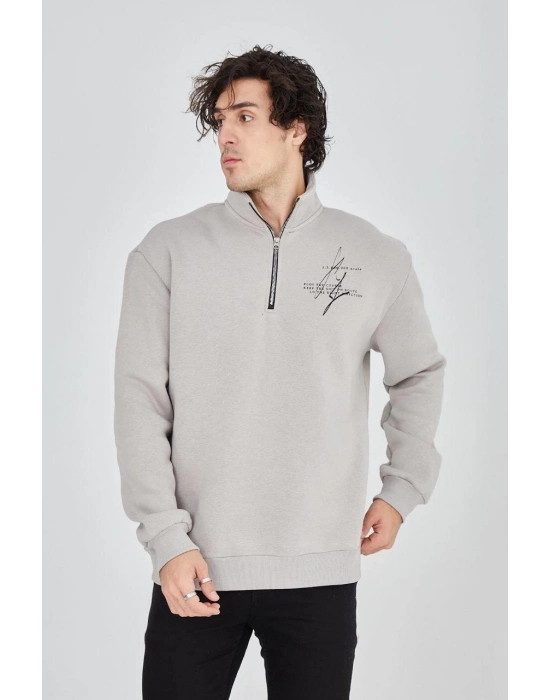 Yarım Fermuarlı Baskılı Sweat - Boyalı Gri -