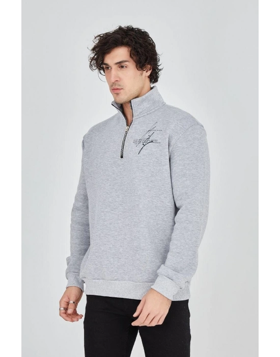 Yarım Fermuarlı Baskılı Sweat - Gri -