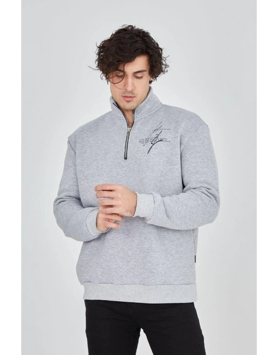Yarım Fermuarlı Baskılı Sweat - Gri -