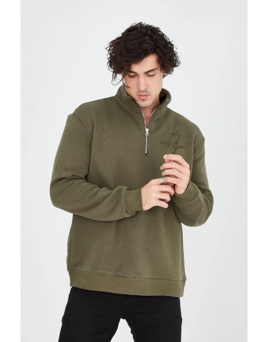 Yarım Fermuarlı Baskılı Sweat - Yeşil -