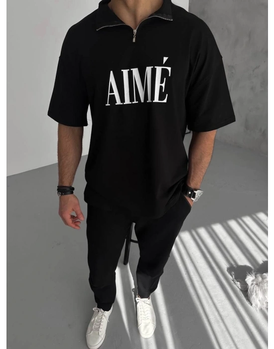 Yarım Fermuarlı Baskılı T-Shirt - Siyah -