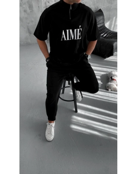 Yarım Fermuarlı Baskılı T-Shirt - Siyah -