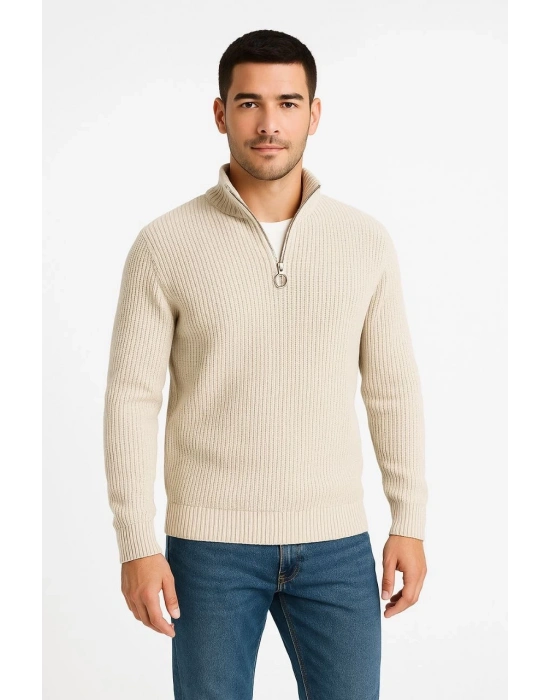 Yarım Fermuarlı Triko Kazak Bej -