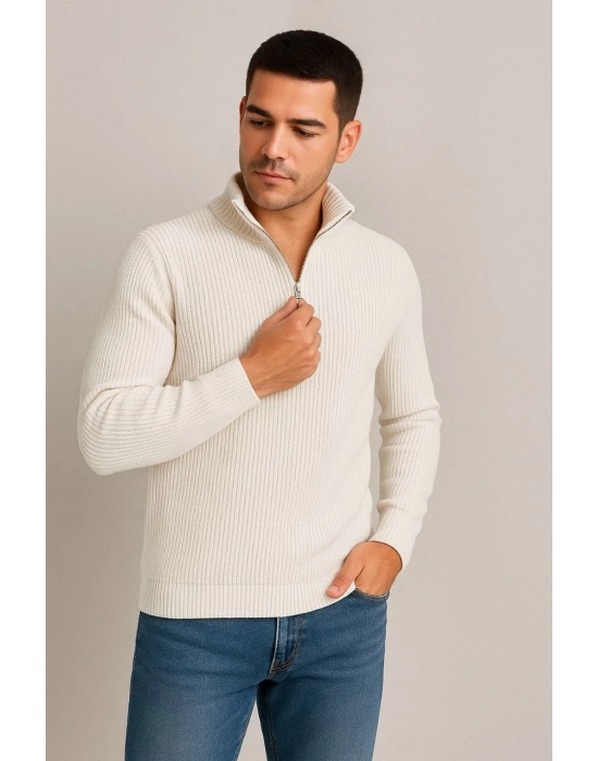 Yarım Fermuarlı Triko Kazak Beyaz -