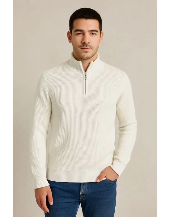 Yarım Fermuarlı Triko Kazak Beyaz -