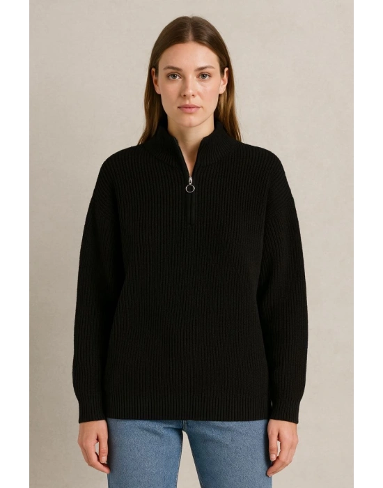 KADIN Yarım Fermuarlı Triko Kazak Selanik Örgü Dik Yaka Pamuklu Dokuma Oversize - Siyah