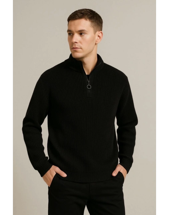 Yarım Fermuarlı Triko Kazak Siyah -