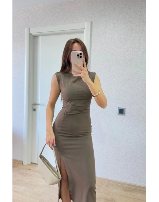 Yırtmaç Detaylı Sırtlı Kapalı Yandan Derin Yırtmaç Detaylı Kolsuz Elbise - Antrasit -