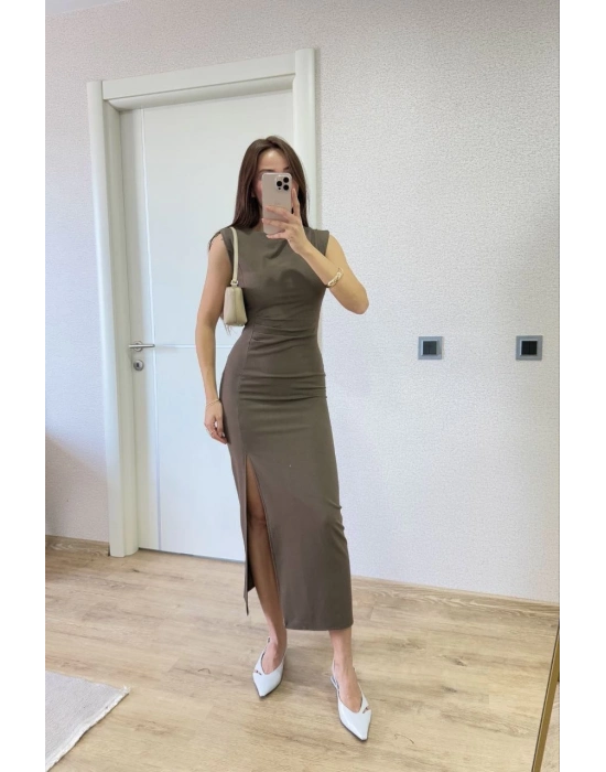 Yırtmaç Detaylı Sırtlı Kapalı Yandan Derin Yırtmaç Detaylı Kolsuz Elbise - Antrasit -