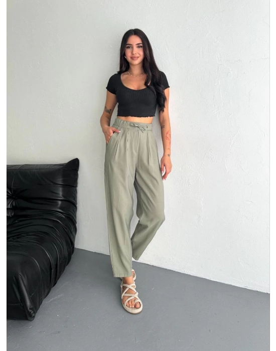 Yüksel Bel Beli Bağcıklı Cepli Rahat Paça Pantalon - Su Yeşili -