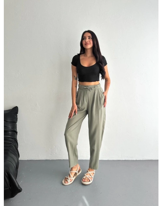 Yüksel Bel Beli Bağcıklı Cepli Rahat Paça Pantalon - Su Yeşili -