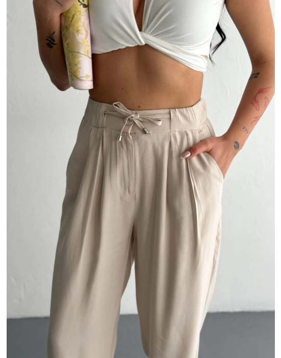 Yüksel Bel Beli Bağcıklı Rahat Boru Paça Pantalon - Kırık Beyaz -