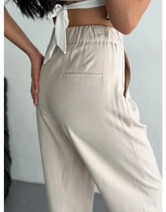 Yüksel Bel Beli Bağcıklı Rahat Boru Paça Pantalon - Kırık Beyaz -