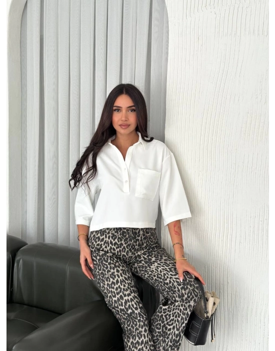 Z Krep   Crop Yakalı Gömlek İlik Düğmeli Üç Çeyrek Sleeve Kol - Beyaz -