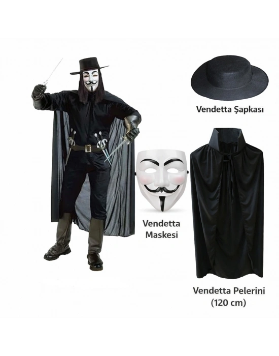 Vendetta Kostüm Seti – Şapka Maske Pelerin (120 Cm)