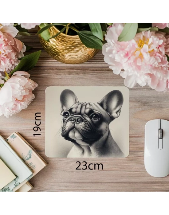 Vintage Dokulu Fransız Bulldog Tasarımı - 19x23 cm 2 mm Dikdörtgen İthal Baskılı Mouse Pad