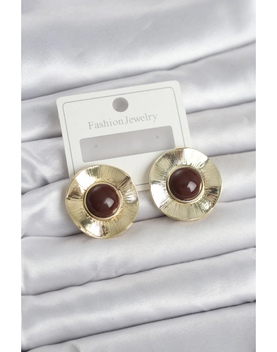 ® Vintage Model Kahverengi Gold Renk Pirinç Kadın Küpe