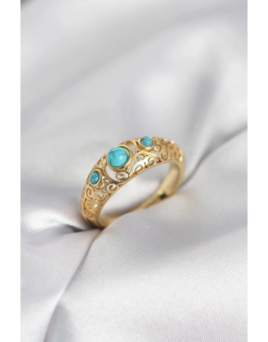 ® Vintage Model Mavi Taşlı Gold Renk Kadın Yüzük