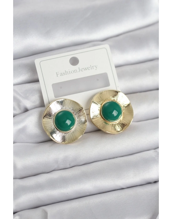 ® Vintage Model Yeşil Gold Renk Pirinç Kadın Küpe